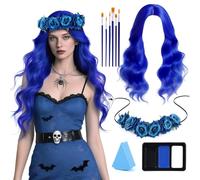 Halloween Cosplay Costume with Blue Wig 6 Blue Rose Wreath Sponge Makeup Brush 3 Color Paint Pigments for Halloween Role Playing Costume Accessories
