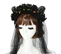 Halloween Cosplay Headband Sheep Horn Black Rose Flower Crown Hair Hoop Long Mesh Veil Moon Pendant Headpiece Bands For Women's With Buttons
