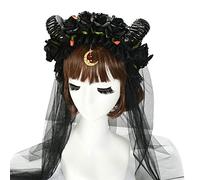 Halloween Cosplay Headband Sheep Horn Black Rose Flower Crown Hair Hoop Long Mesh Veil Moon Pendant Headpiece Headbands With Buttons