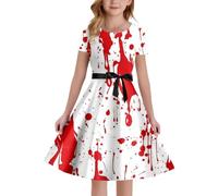 Halloween Costume Children Girls Halloween Medieval Dress with Blood Stained Print A-line Strapless Party Costume for Children Elegant Gothic Evening Dress Baby (White, 13-14 Years)