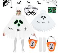 Halloween Costume Children, Luminous Ghost Costume with Glasses, Pumpkin Heads, Socks, White Cape with Hood, for Boys and Girls, Ideal for Role Play, Theme Parties, Carnival Events