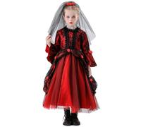 Halloween Costume for Girls Bat Vampire Costume Teenage Gothic Medieval Floral Lace Princes Dress Long Sleeve Fancy Dress for Carnival Cosplay Halloween Themed Party Outfits Age 3-10 (Red, 150)