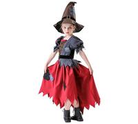 Halloween Costume for Kids Girls Halloween Witch Costume Puff Short Sleeve Tutus Dress with Witch Hat Medieval Elegant Gown Carnival Halloween Themed Party Cosplay Fancy Dress Up Age 5-12 (Red, 120)