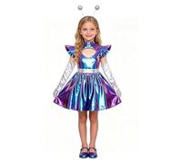 Halloween Costume for Kids Space Alien Cosplay Shiny Dress Outfit for Halloween Party Performances Futuristic Theme Glitter Skirt Set Girls Sparkly Galaxy Costume B828