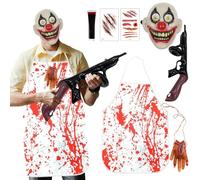 Halloween Costume for Men Adult, Scary Mask Bloody Apron Inflatable Gun Fake Blood Scar Tattoos Stickers Money Heist Butcher Robber Halloween Outfit Fancy Dress Up Party (Clown)