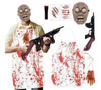 Halloween Costume for Men Adult, Scary Mask Bloody Apron Inflatable Gun Fake Blood Scar Tattoos Stickers Money Heist Butcher Robber Halloween Outfit Fancy Dress Up Party (Zombie)