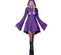 Halloween Costume for Women Hooded Dress Printed Skull Horrific Gothic Medieval Dress Long Skirt Flared Sleeve Y2k Evil Character Costume, purple, S