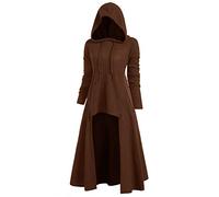 Halloween Costume for Womens, Gothic Medieval Renaissance Dress Hoodie for Halloween Carnival Trumpet Sleeves Tied Waist Medieval Vintage Hooded Witch Cloak Irregular Hem Cape (Coffee, XXXXL)