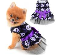 Halloween Costume Girl Dog Dress Doggie Holiday Theme Outfits Funny Pumpkin Ghost Skull Bat Cobweb Pet Skirts with Bowknot Puppy La(Size:S:back:25cm/9.8",chest:34cm/13.4",Color:purple bowknot skull)