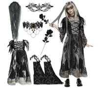 Halloween Costume Girls, Horror Bride Costume Children, Zombie Bride Costume Black with Bridal Veil, Eye Mask, Necklace, Zombie Costume Children, Graveyard Bride Children's Costume for Fancy Dress