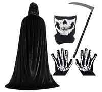 Halloween Costume Grim Reaper 4 PCS - Adult Black Velvet Hooded Cloak with Grim Reaper Scythe, Skeleton Mask & Skeleton Gloves, Grim Reaper Vampire Party Costume for Cosplay Costume Horror Fancy Dress