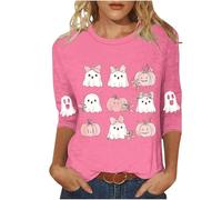 Halloween Costume Halloween Shirts for Women UK 3/4 Sleeve Cute Ghost Graphic Tees Pumpkin Casual Shirt Funny Holiday Tops Trendy Fall Clothes,Pink,S