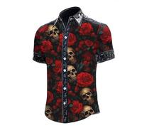 Halloween Costume Men's Short Sleeve Summer Shirt Gothic Casual Shirt Horror Skull Printed Blouse Lapel Button Shirt Blood Splash Tops Funny Outfit Carnival Party Shirt, O Dark Grey, L