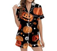 Halloween Costume Pajamas Shorts Set for Women Silk Satin Button Down Sexy Soft Halloween Spooky Pj Sets Graphic Comfy Button Up Matching Sets Sleepwear Casual Lightweight Lounge Set Orange
