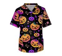 Halloween Costume Scrubs Tops for Men V Neck Short Sleeve Halloween Print Shirt with Pumpkin Pattern Polyeste Baggy Print with Pockets Shirts Men's Cozy Hip Blouse