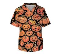 Halloween Costume Scrubs Tops for Men V Neck Short Sleeve Halloween Print Shirt with Pumpkin Pattern Polyeste Baggy Print with Pockets Shirts Men's Cozy Hip Blouse