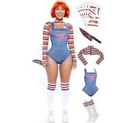 Halloween Costume Sexy Chucky Costume for Women Adult Rainbow Striped Long Sleeve Overalls with Scar Tattoos and Large Bloody Fake Knife - 2XL Size
