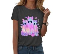 Halloween Costume T-Shirts Women Skull Spider Web Pullover v-Neck Short Sleeved T-Shirt Soft Breathable Polyester Unique Gift Idea Long Sleeve T Shirts Festival Evening Casual Blouse Grey