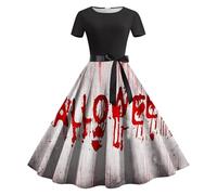 Halloween Costume Women Bat Print Swing Dress Witch Midi Spooky