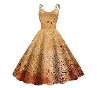 Halloween Costume Women - Bloody Dress with Blood Splash Print, Sleeveless Zombie Wedding Dress for Horror Party, Scary Gothic Cosplay Carnival Dress