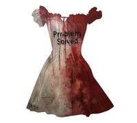 Halloween Costume Women Bloody Short Sleeve Puff Off Shoulder A-Line Short Mini Dress Chic And Elegant Printed Blood Cracks Bloody Horror Blood Costume
