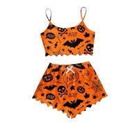 Halloween Costume Women Pajama Sets Women Silk Satin Pajama Set 3 Pieces Lingerie Sleepwear with Floral Lace and Bathrobe Features:, orange, XXL