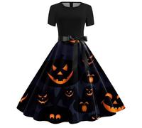 Halloween Costume Women Printed Short Sleeve Hepburn Dress Retro Witch