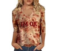 Halloween Costume Women's Bloody Print Tee Shirt V Neck 3/4 Sleeves Horror Blood Letter Slim Fit Top Casual Chic Comfortable Bloody Top Versatile Carnival Streetwear Pullover