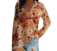 Halloween Costume Women's Bloody T-Shirt V-Neck Long Sleeve Horror Blood Print Loose Fit Casual Comfortable Bloody Chic Top Versatile Carnival Blood Streetwear Costume