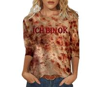 Halloween Costume Women's Bloody Top Chic 3/4 Sleeve Round Neck Horror Blood Print Slim Tee Shirt Casual Comfortable Bloody Top Versatile Carnival Blood Streetwear Costume