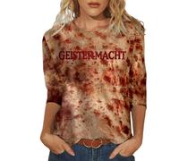 Halloween Costume Women's Bloody Top Chic 3/4 Sleeve Round Neck Horror Blood Print Slim Tee Shirt Casual Comfortable Bloody Top Versatile Carnival Blood Streetwear Costume