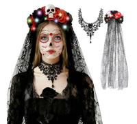 Halloween Costume Women's dia de los muertos Costume Women, LED Day of the Dead Costume Women's Halloween Day of the Dead Headband with Lights Face Tattoos Halloween Day of the Dead Cosplay Costume