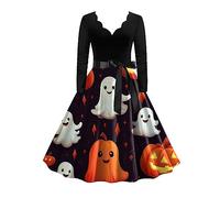 Halloween Costume Women's Dress, Medieval Dress Women's Long Sleeve Funny Printed Vintage V-Neck Gothic Clothing with Bow Festive Slim Fit A-line Party Dress for Carnival
