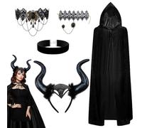 Halloween Costume Women's Headband with Demon Horn, Queen Horns Headpiece, Evil Queen Costume Halloween Cape with Hood Retro Necklace Bracelet Devil Cosplay Set for Carnival Masquerade