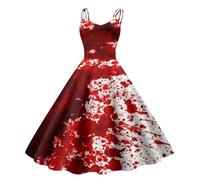 Halloween Costume Women's Horror Costume with Blood Splash Print Sleeveless Wedding Dress for Party Scary Gothic Dress Medieval Cocktail Dress Carnival Dresses Sexy Swing Strap Dress, Red (watermelon