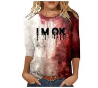 Halloween Costume Women's Letter Print Tee Shirt 3/4 Sleeve Round Neck Classic Horror Slim Fit Chic Casual Comfortable Bloody Top Versatile Carnival Blood Streetwear Costume