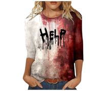 Halloween Costume Women's Letter Print Tee Shirt 3/4 Sleeve Round Neck Classic Horror Slim Fit Chic Casual Comfortable Bloody Top Versatile Carnival Blood Streetwear Costume