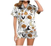 Halloween Costume Womens Pajama Sets Matching Short Sets Shorts Matching Sets Satin Button Up Split Make It Spooky Sleep Sets Casual Fall Two Piece Silk Comfy Loungewear Sets Graphic White