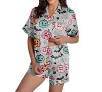 Halloween Costume Womens Pajama Sets Shorts Sets 2 Piece Outfits Matching Sets Satin Button Down Soft Make It Spooky Sleep Wear Set Short Sleeve Summer Two Piece Silk Cute Sleepwear Grey