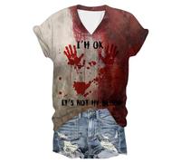 Halloween Costume Women's Plus Size T-Shirts Short Sleeve V-Neck Horror Loose Fit Chic Blood Versatile Streetwear Pullover for Carnival Casual Bloody Tops