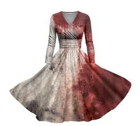 Halloween Costume Women's Scary Halloween Dress Women's Long Bloody Printed V-Neck Vintage Casual Dress Zombie Bride Corset Slim Gothic Clothing for Carnival Party Outfits