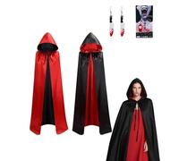 Halloween Costume Women's Vampire Double Sided Satin Cape with Hood, 150 cm Cape Dracula in Red Black for Adults Girls with Vampire Teeth & Artificial Blood & Earrings Set for Carnival Cosplay Party
