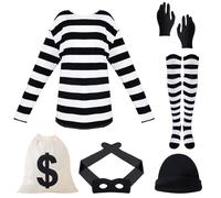 Halloween Costume Women's Woman Robber Costume Set with T-Shirt, Hat, Gloves, Socks, Bag for Halloween, Carnival, Cosplay, black, L