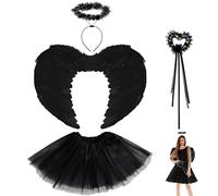 Halloween Costumes, 4 Pcs Black Angel Wings Costume Set with Halo, Tutu Skirt, and Magic Wands, Fallen Angel Costume Halloween Birthday Themed Party for Kids Adults