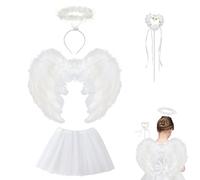 Halloween Costumes, 4 Pcs White Angel Wings Costume Set with Halo, Tutu Skirt, and Magic Wands, Fallen Angel Costume Halloween Birthday Themed Party for Kids Adults
