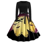 Halloween Costumes Adult Retro Pumpkin Skeleton Print Long Sleeve A Line Swing Dress Sexy Gothic Dress Medieval Costume Ladies Evening Party Prom Cocktail Novelty Dresses A-Purple