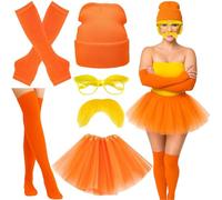Halloween Costumes Adult Women, 6 PCS Carnival Costumes for Women Set with Hat Glasses Orange Tutu Headband Socks and Gloves, for Carnival Halloween Christmas Mexican Cosplay Party Outfit Supplies