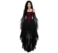 Halloween Costumes Adult Women Cold Shoulder Strap A-Line Mesh Gothic Dress | Patchwork Medieval Costume Ladies Vintage Steampunk Lace Up Renaissance Irregular Hem Chiffon Sexy Halloween Outfits Women