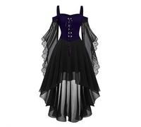 Halloween Costumes Adult Women Cold Shoulder Strap Gothic Dress A-Line Mesh Patchwork Medieval Costume Ladies Vintage Steampunk Lace Up Renaissance Irregular Hem Chiffon Plus Size Gothic Dress
