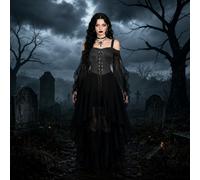 Halloween Costumes Adult Women Cold Shoulder Strap Gothic Dress A-Line Mesh Patchwork Medieval Costume Ladies Vintage Steampunk Lace Up Renaissance Irregular Hem Chiffon Plus Size Gothic Witch Dress